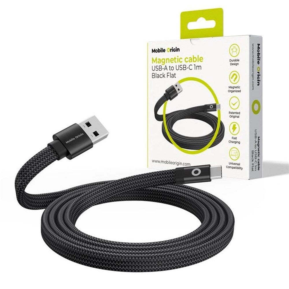 Mobile Origin - 1m Fladt Magnetisk USB-A til USB-C Kabel - Sort