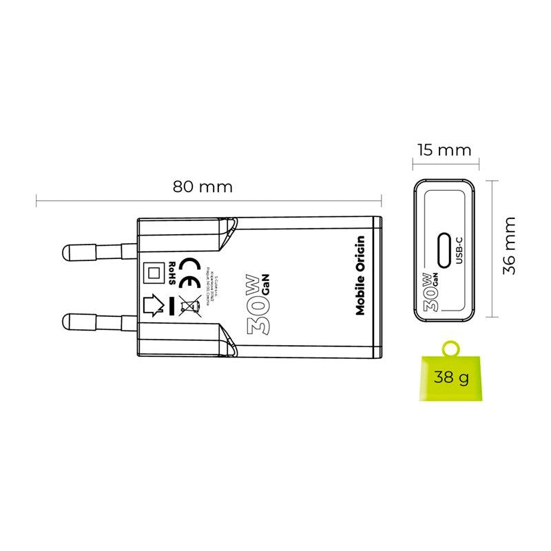 Mobile Origin - MO17 30W Slim Vægoplader m. 1x USB-C - Hvid
