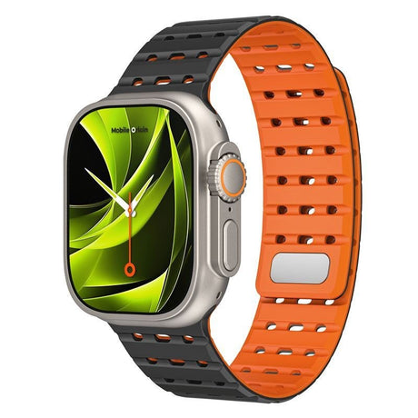 Apple Watch (42/44/SE/45/46/49mm) Mobile Origin Magnetisk Silikoneurrem - Sort / Orange