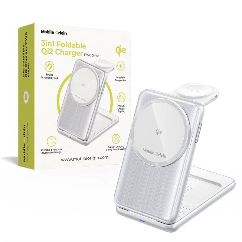 Mobile Origin Qi2 3-i-1 Multifunktionel Foldbar Trådløs Oplader - Sølv