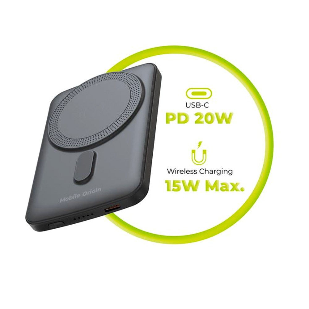 Mobile Origin Powerbank - 20W - 5000mAh - LED-Display - USB-C Stik - Grå