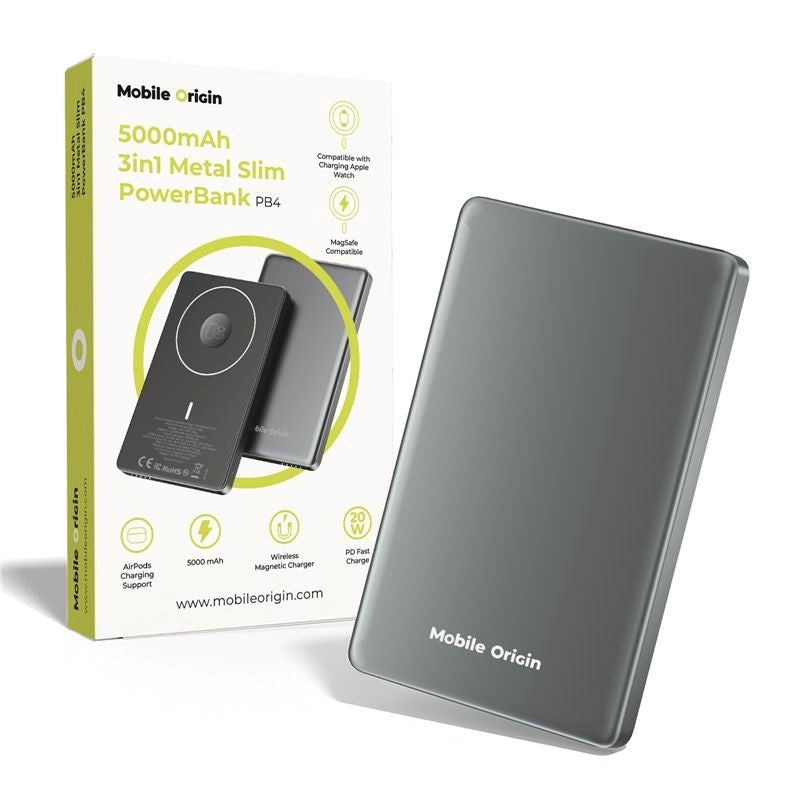 Mobile Origin 3-i-1 Slim Powerbank 5000mAh - m. MagSafe & Hurtig Opladning