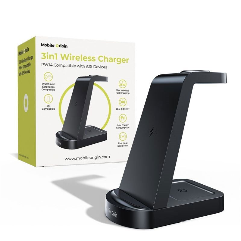 Mobile Origin 3-i-1 Trådløs Oplader til iPhone / Apple Watch / AirPods - MagSafe / Qi Kompatibel - Sort