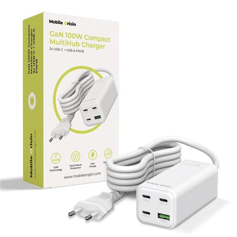 Mobile Origin 100W USB-C Hub inkl. USB-A & Schukostik - Hvid