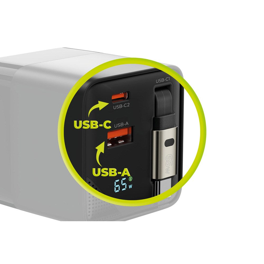Mobile Origin - Display Vægoplader m. 1 x USB-A / 1 x USB-C / 1 x Udtrækkelig USB-C Kabel - 65W - Sort