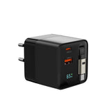 Mobile Origin - Display Vægoplader m. 1 x USB-A / 1 x USB-C / 1 x Udtrækkelig USB-C Kabel - 65W - Sort