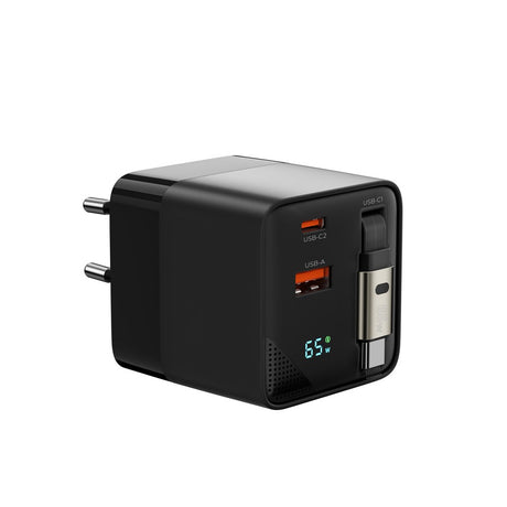 Mobile Origin - Display Vægoplader m. 1 x USB-A / 1 x USB-C / 1 x Udtrækkelig USB-C Kabel - 65W - Sort
