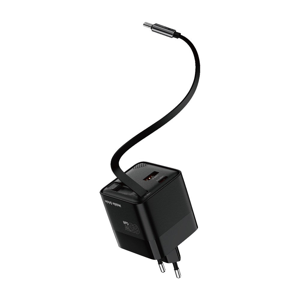 Mobile Origin - Display Vægoplader m. 1 x USB-A / 1 x USB-C / 1 x Udtrækkelig USB-C Kabel - 65W - Sort