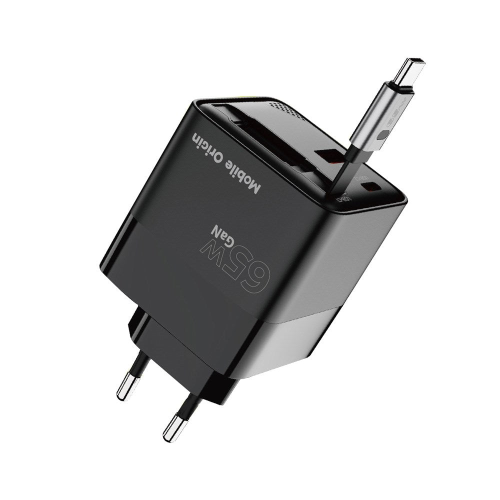 Mobile Origin - Display Vægoplader m. 1 x USB-A / 1 x USB-C / 1 x Udtrækkelig USB-C Kabel - 65W - Sort