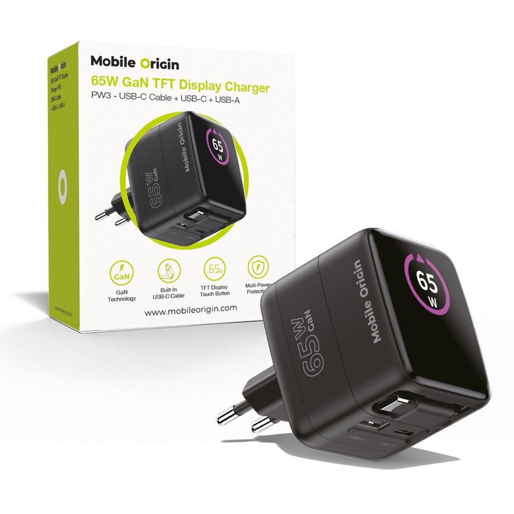 Mobile Origin - 65W - Display Vægoplader m. 1 x USB-A / 1 x USB-C / 1 x Udtrækkelig USB-C Kabel - Sort