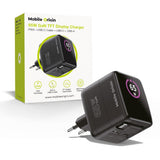 Mobile Origin - 65W - Display Vægoplader m. 1 x USB-A / 1 x USB-C / 1 x Udtrækkelig USB-C Kabel - Sort