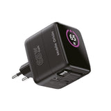 Mobile Origin - 65W - Display Vægoplader m. 1 x USB-A / 1 x USB-C / 1 x Udtrækkelig USB-C Kabel - Sort