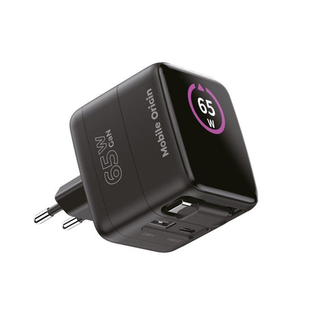 Mobile Origin - 65W - Display Vægoplader m. 1 x USB-A / 1 x USB-C / 1 x Udtrækkelig USB-C Kabel - Sort