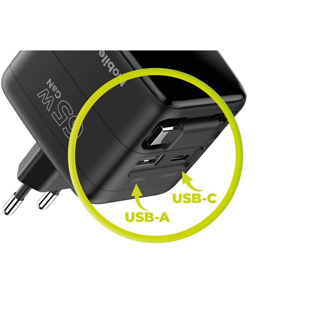 Mobile Origin - 65W - Display Vægoplader m. 1 x USB-A / 1 x USB-C / 1 x Udtrækkelig USB-C Kabel - Sort