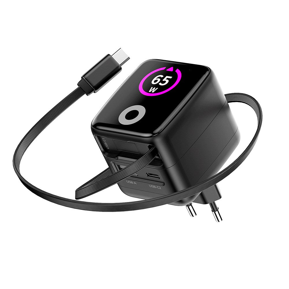 Mobile Origin - 65W - Display Vægoplader m. 1 x USB-A / 1 x USB-C / 1 x Udtrækkelig USB-C Kabel - Sort