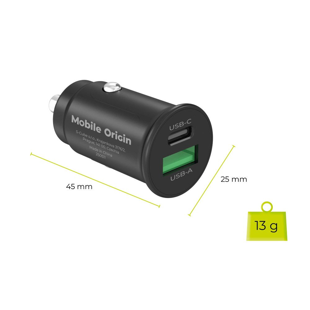 Mobile Origin Biloplader m. 1 x USB-A & 1 x USB-C - 30W - Sort