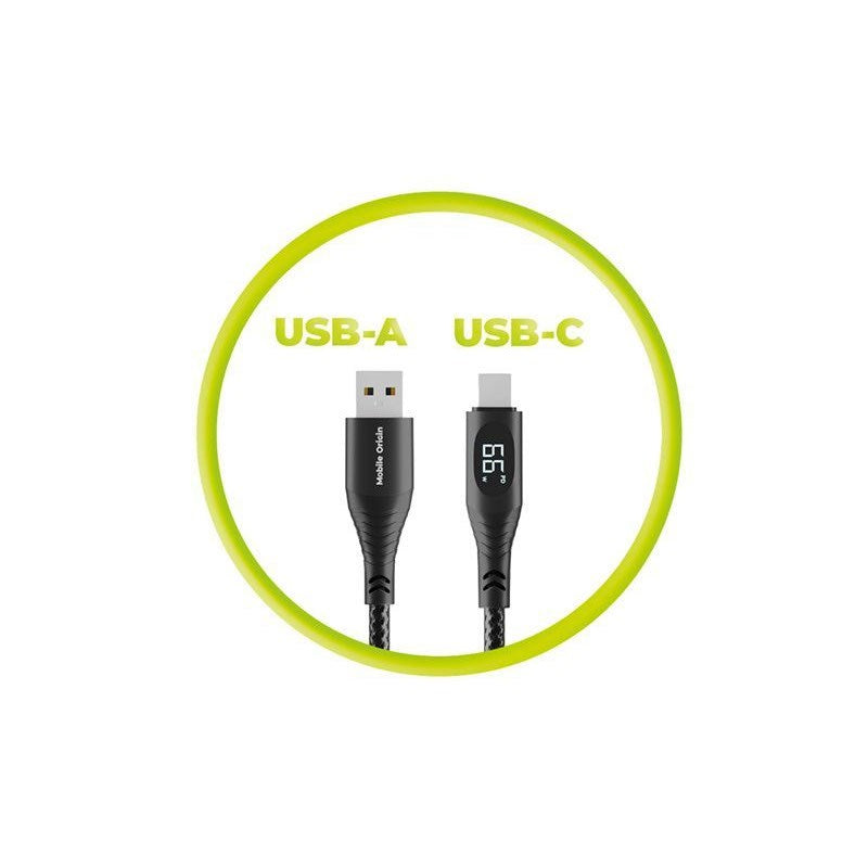 Mobile Origin USB-A til USB-C Kabel m. Indbygget Display - 66W - 1,5 m - Sort