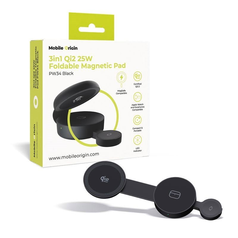 Mobile Origin 3-i-1 25W Qi2 Oplader til Smartphone / Apple Watch / Høretelefoner - Sort