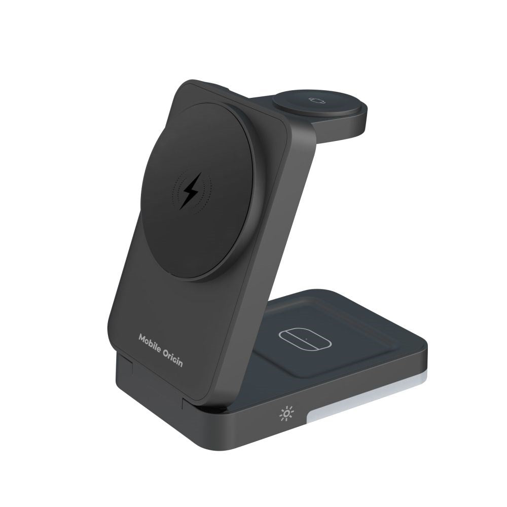 Mobile Origin 3-in-1 Trådløs Oplader til iPhone / AirPods / Apple Watch - Foldbart Design - MagSafe Kompatibel - Sort