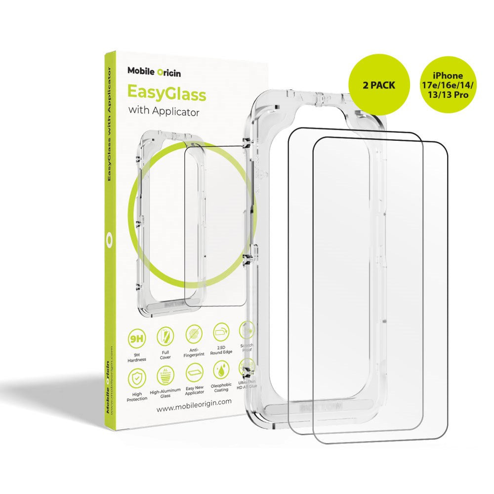 iPhone 17e / 16e / 14 / 13 / 13 Pro - Mobile Origin EasyGlass Skærmbeskyttelse - 2 stk. - Gennemsigtig