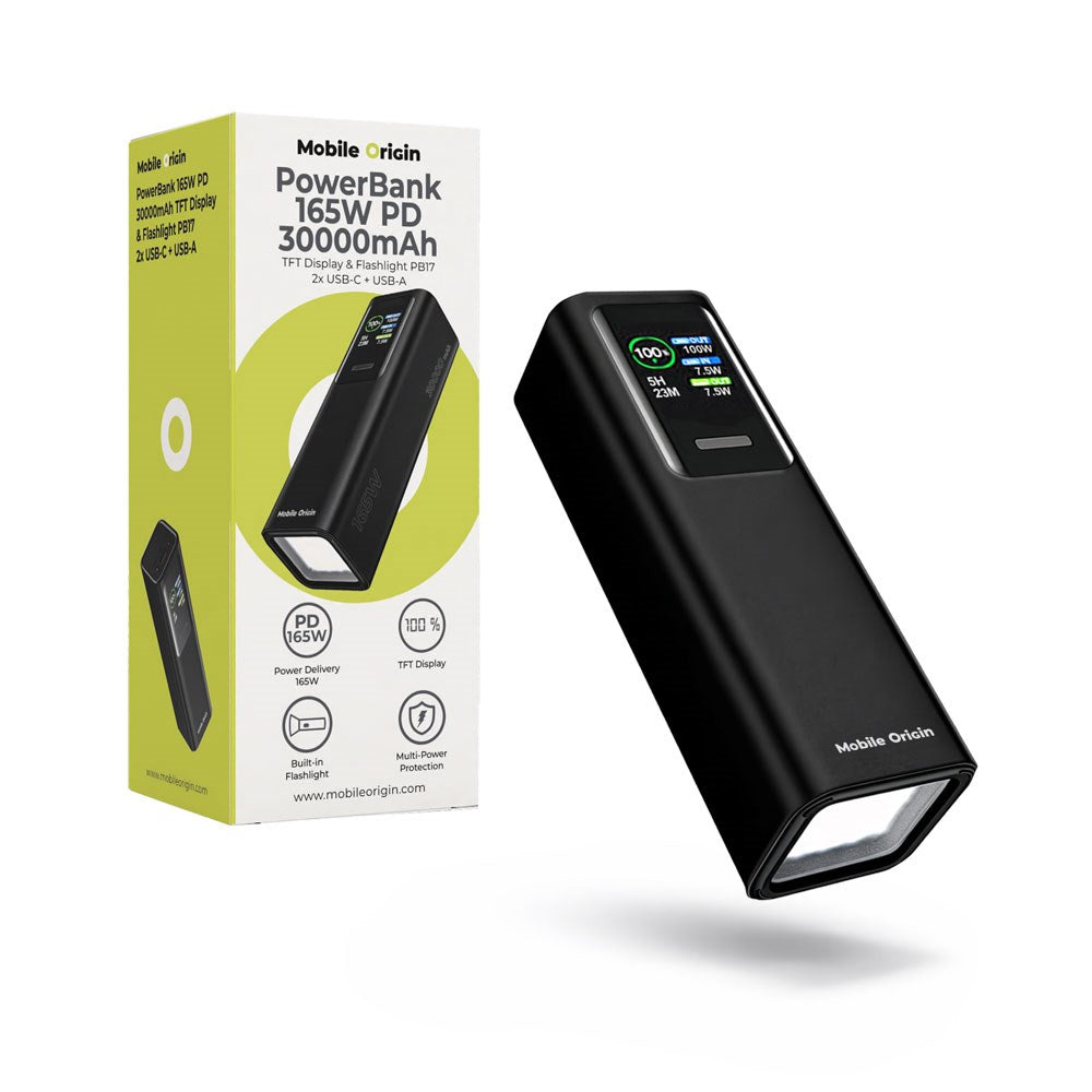 Mobile Origin PowerBank m. Display & Lommelygte - 2x USB-C & 1x USB-A - 30.000 mAh / 165W - Sort