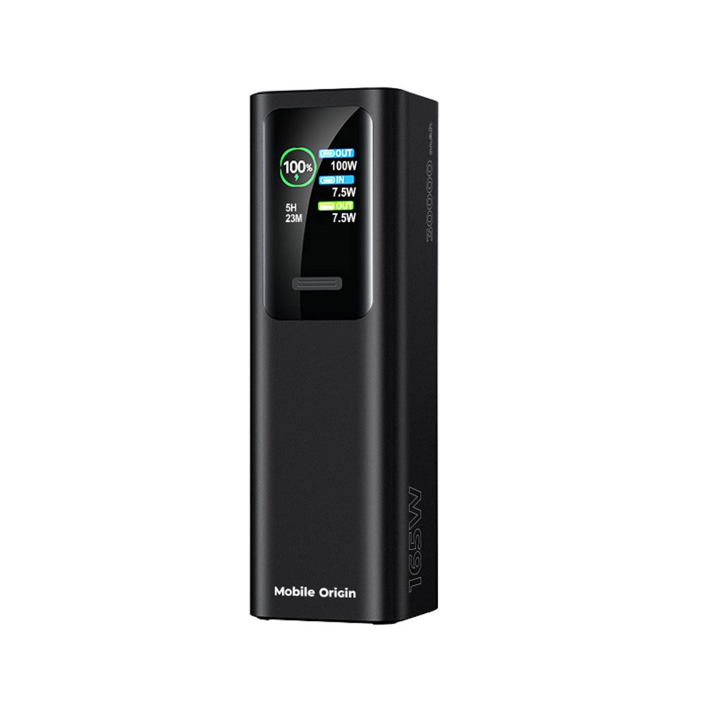 Mobile Origin PowerBank m. Display & Lommelygte - 2x USB-C & 1x USB-A - 30.000 mAh / 165W - Sort