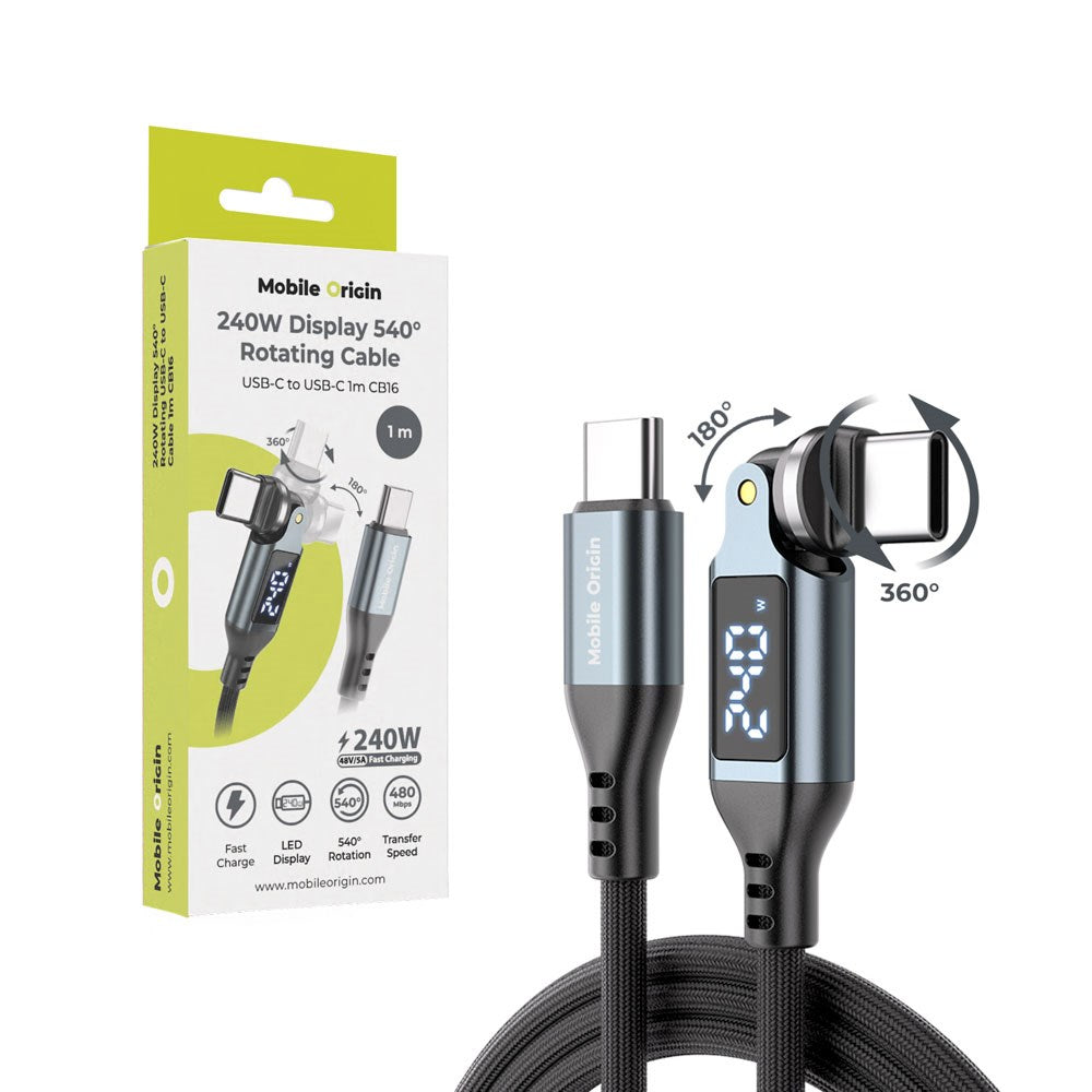 Mobile Origin Display 540° Roterende USB-C til USB-C Kabel - 1m / 240W - Sort