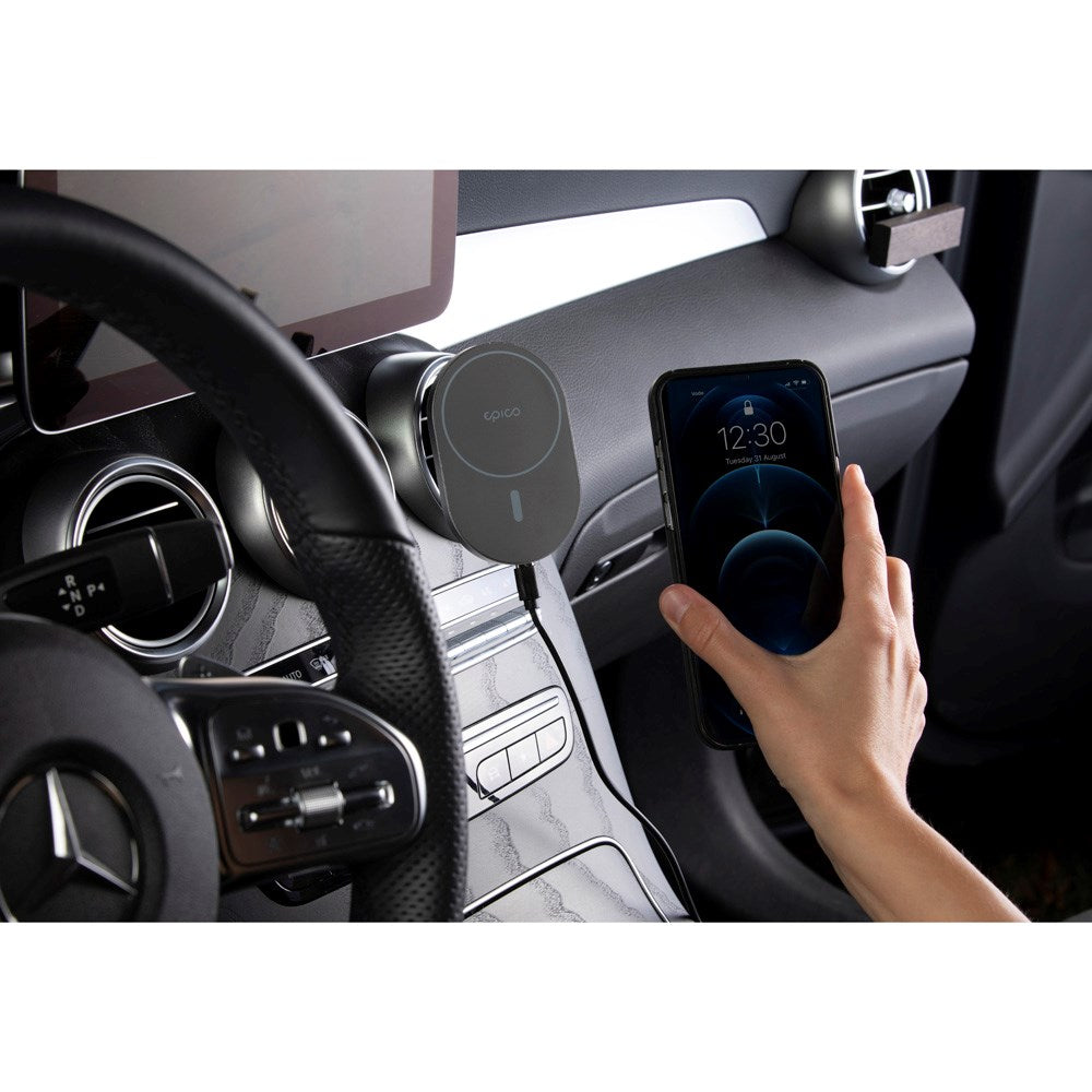 Epico Magnetisk Mobilholder til Bil m. 15W Trådløs Opladning & 18W Biloplader - MagSafe Kompatibel - Space Grey