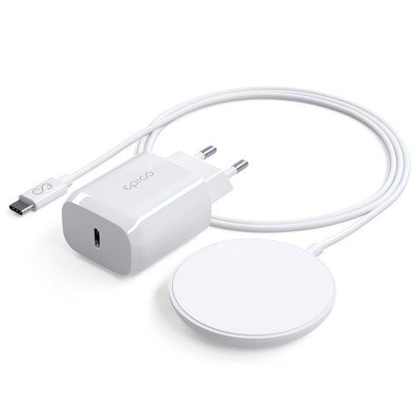 Epico 15W Magnetisk Trådløs Oplader m. 20W PD Vægoplader - MagSafe Kompatibel - Hvid