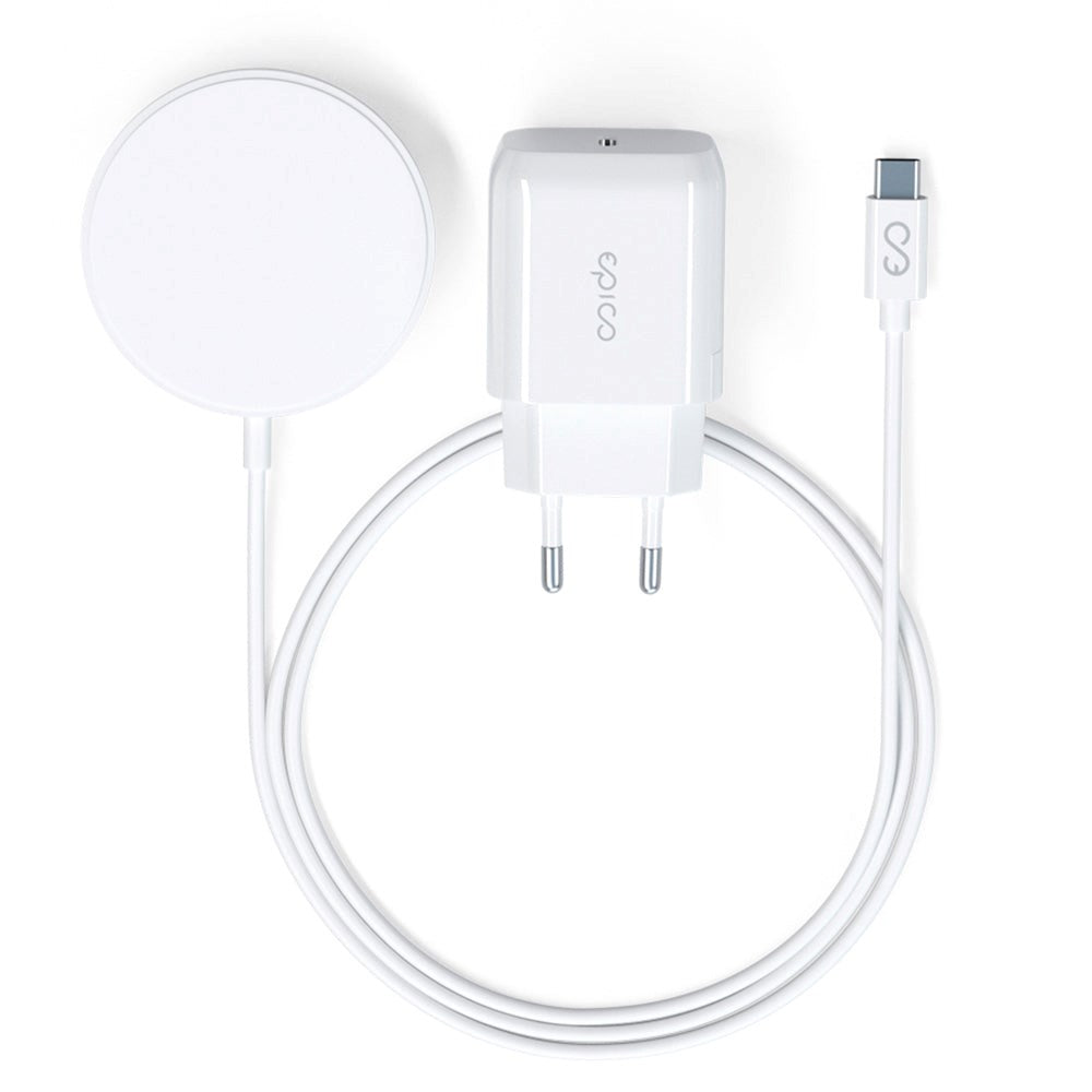 Epico 15W Magnetisk Trådløs Oplader m. 20W PD Vægoplader - MagSafe Kompatibel - Hvid