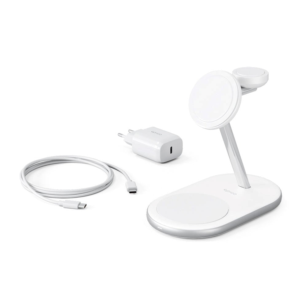 Epico Charging Stand - 3-in-1 15W Trådløs Oplader - MagSafe Kompatibel - Hvid