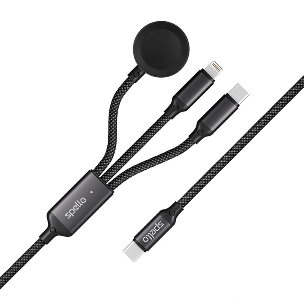 Spello 3-i-1 Multi-USB-C Kabel m. USB-C & Lightning & Apple Watch Oplader - Sort