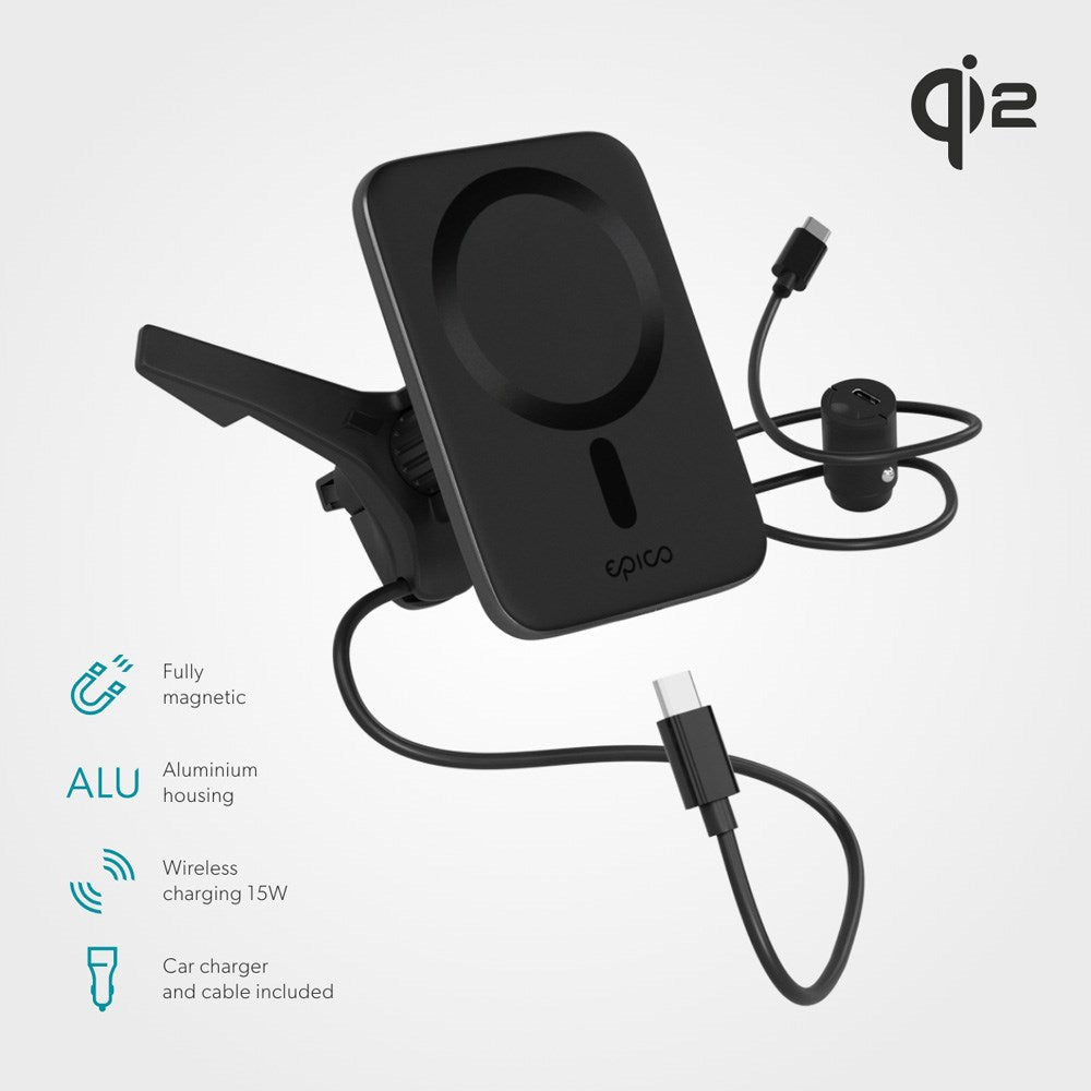 Epico Qi2 Mag+ Mobiloplader til Bil - 15W Trådløs Opladning - MagSafe Kompatibel - Sort