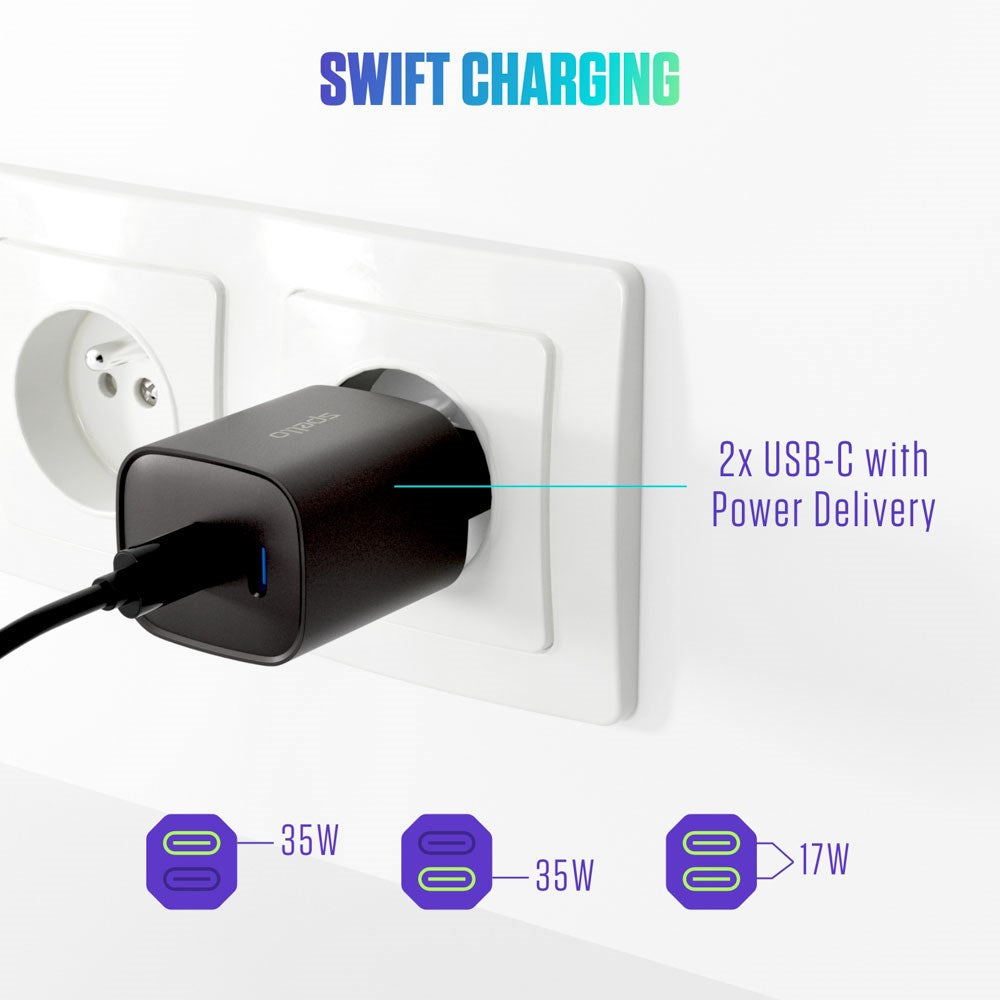 Spello 35W PD Vægoplader m. 2 x USB-C - Sort