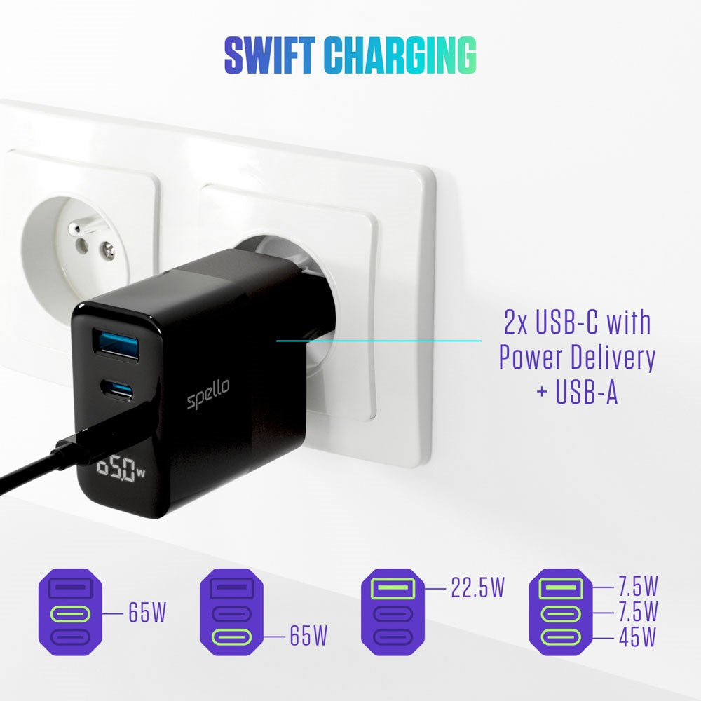 Spello 65W PD Vægoplader m. 2 x USB-C / 1 x USB-A - Sort