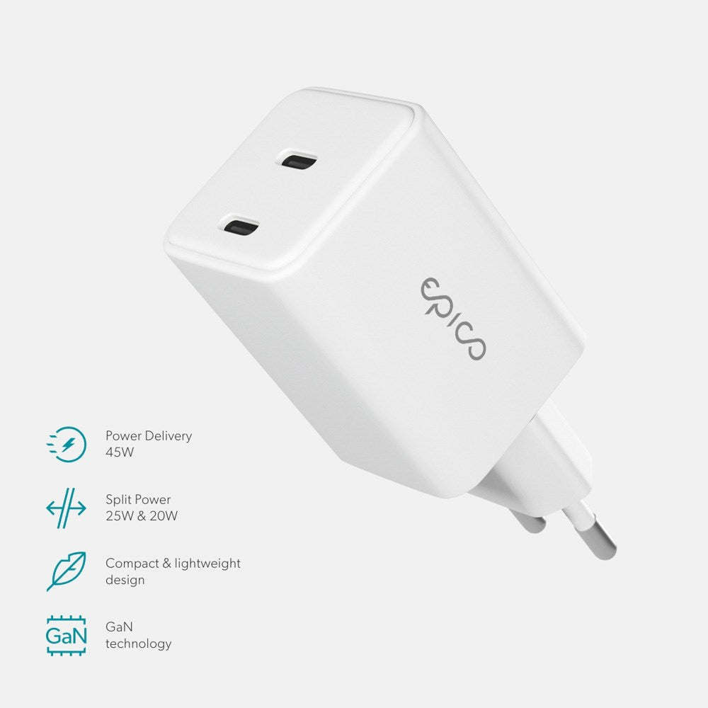 Epico UltraBoost GaN 45W Vægoplader m. 2x USB-C - Hvid