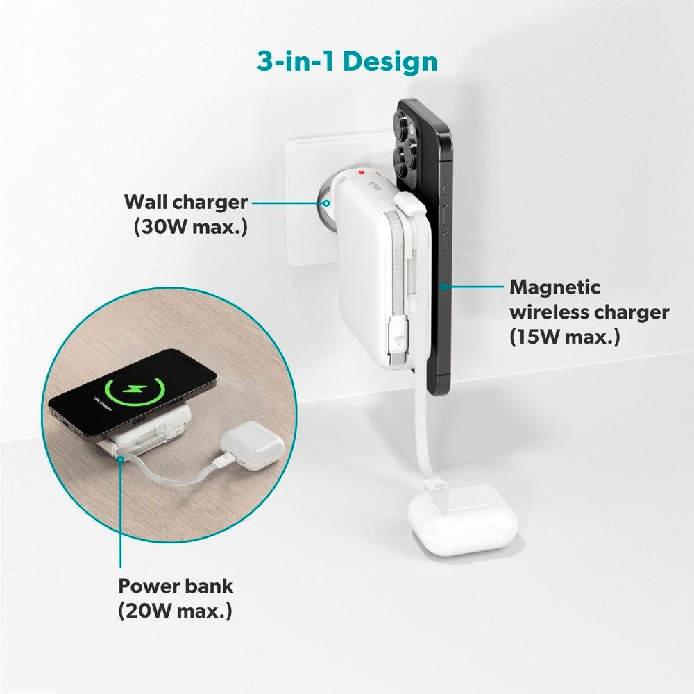 Epico 3-i-1 Rejse PowerBank - 10.000 mAh - MagSafe Kompatibel - Hvid