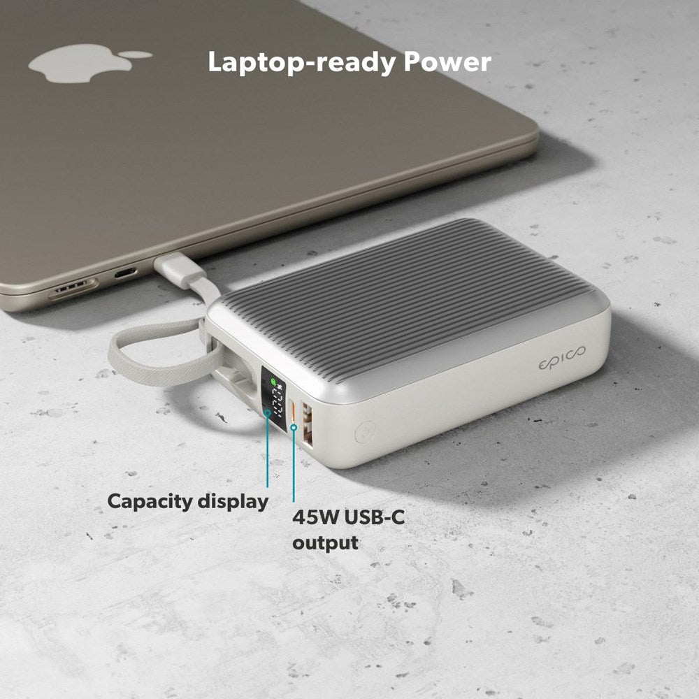 Epico UltraPack 45W Powerbank 20.000mAh m. Indbygget Udtrækkeligt USB-C Kabel - Grå