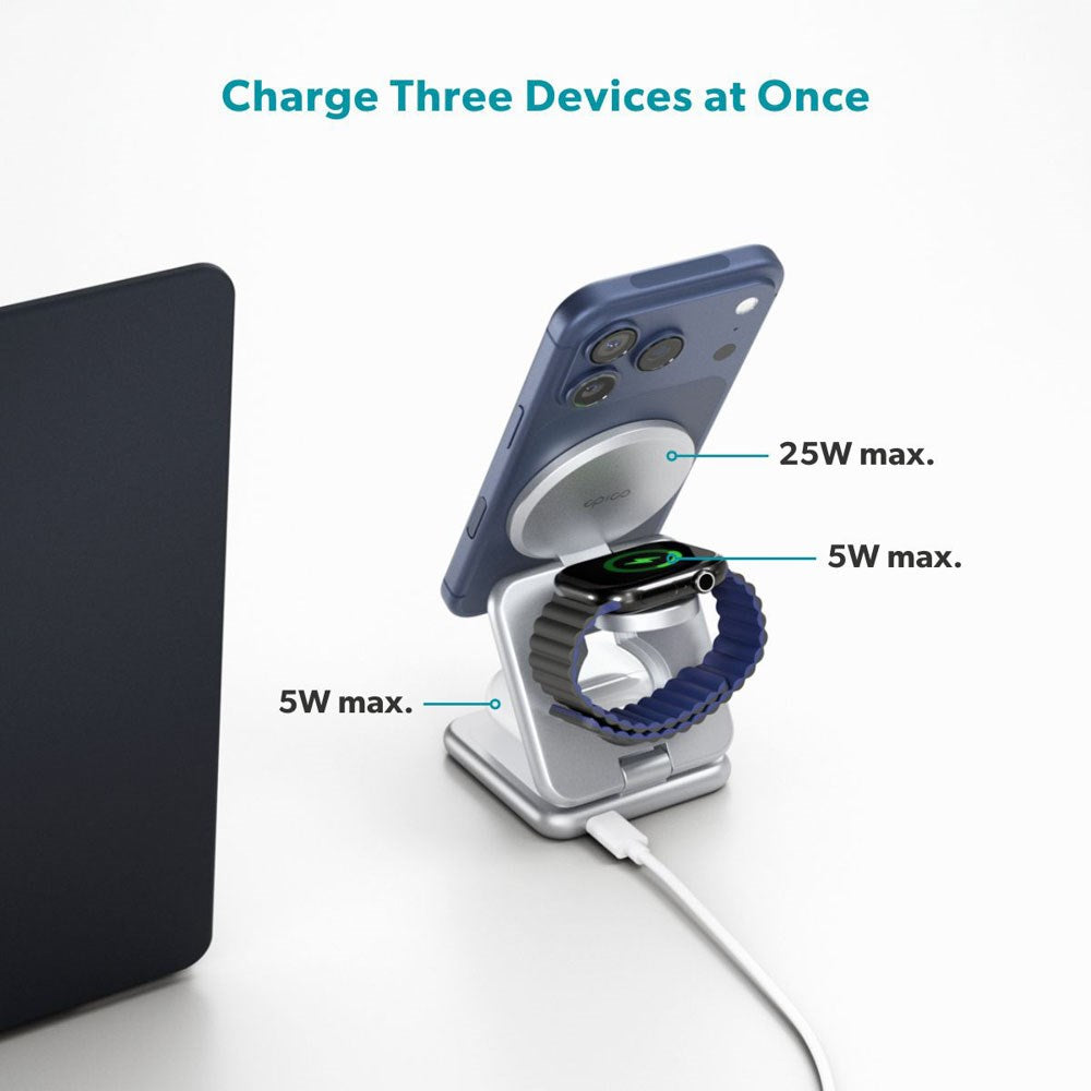 Epico UltraBase EF60 3-i-1 Fold Trådløs Oplader - 25W - Qi2 / MagSafe Kompatibel - Sølv