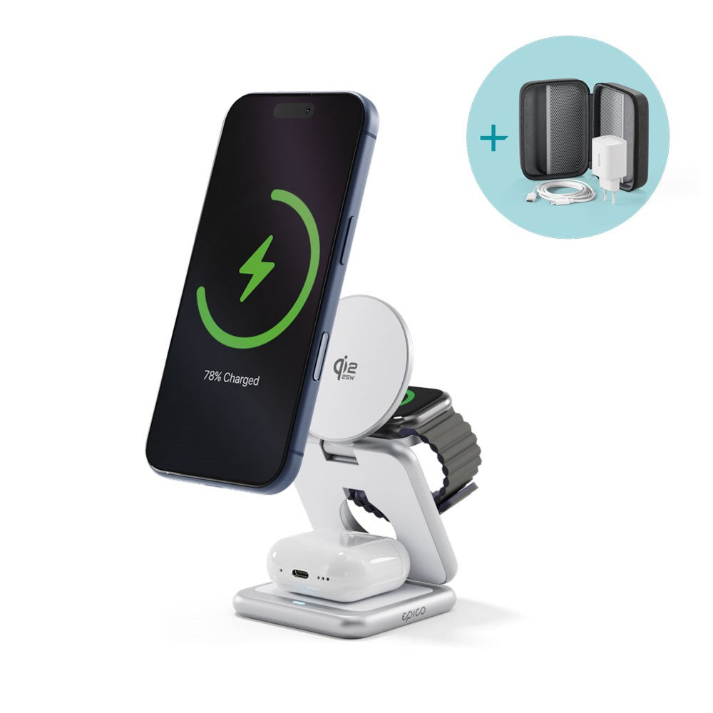 Epico UltraBase EF60 3-i-1 Fold Trådløs Oplader - 25W - Qi2 / MagSafe Kompatibel - Sølv