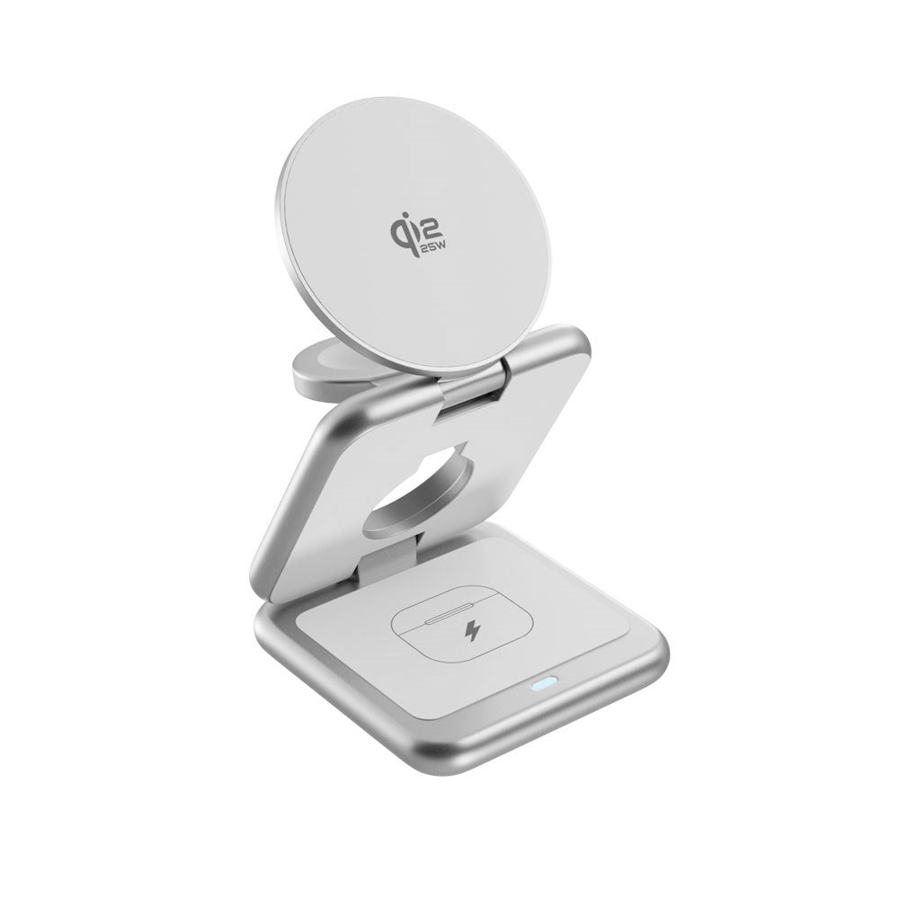 Epico UltraBase EF60 3-i-1 Fold Trådløs Oplader - 25W - Qi2 / MagSafe Kompatibel - Sølv