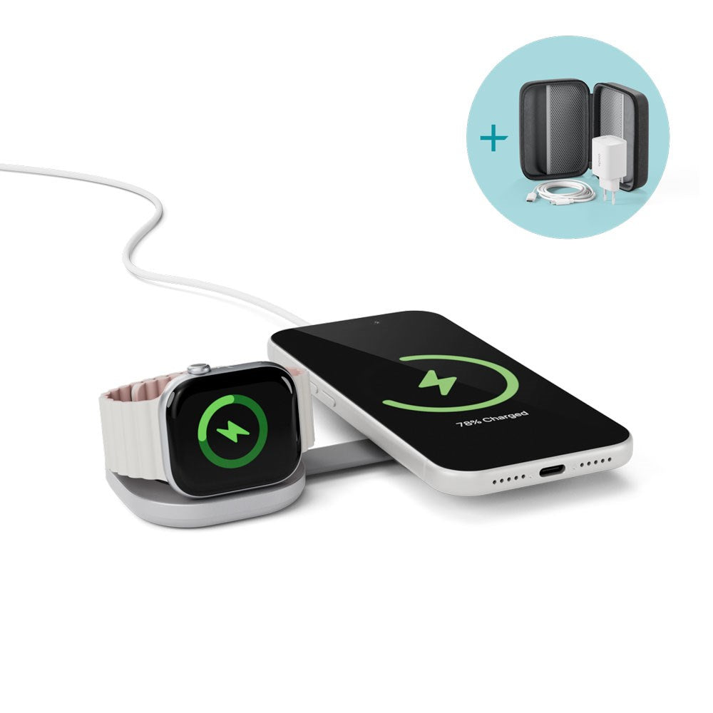 Epico UltraBase Trådløs Oplader - Foldbar - 25W - Smartphone / Apple Watch - MagSafe / Qi2 Kompatibel - Sølv