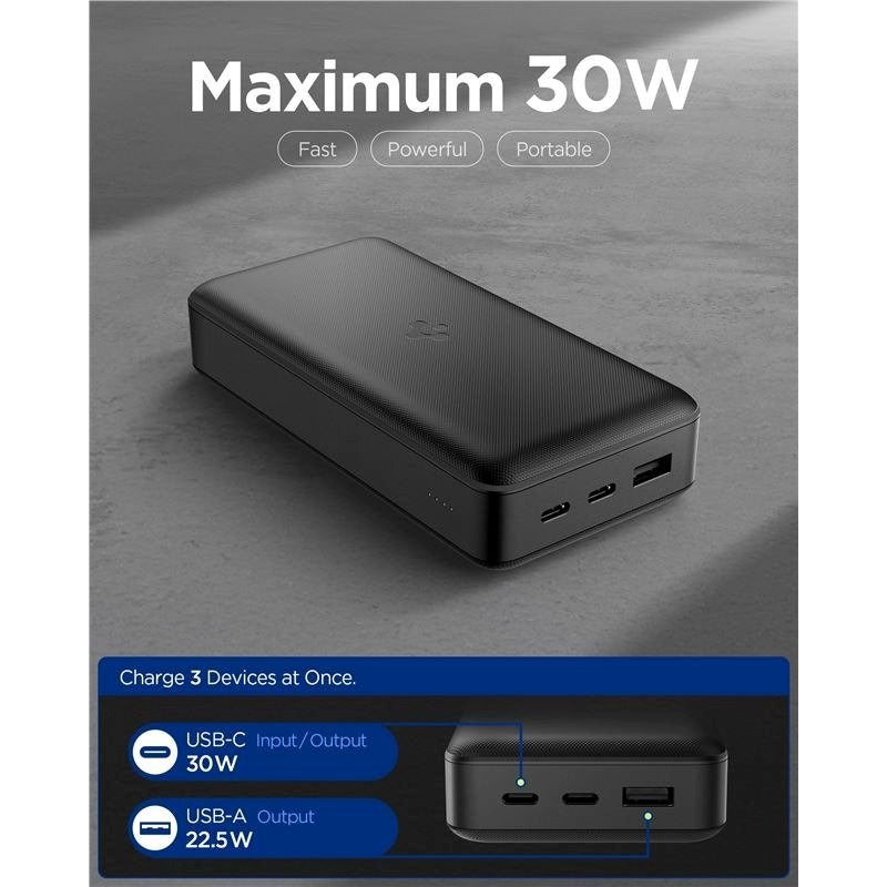 Spigen Essential Powerbank - 30W - 30.000mAh - 2 x USB-C - 1 x USB-Am - Sort