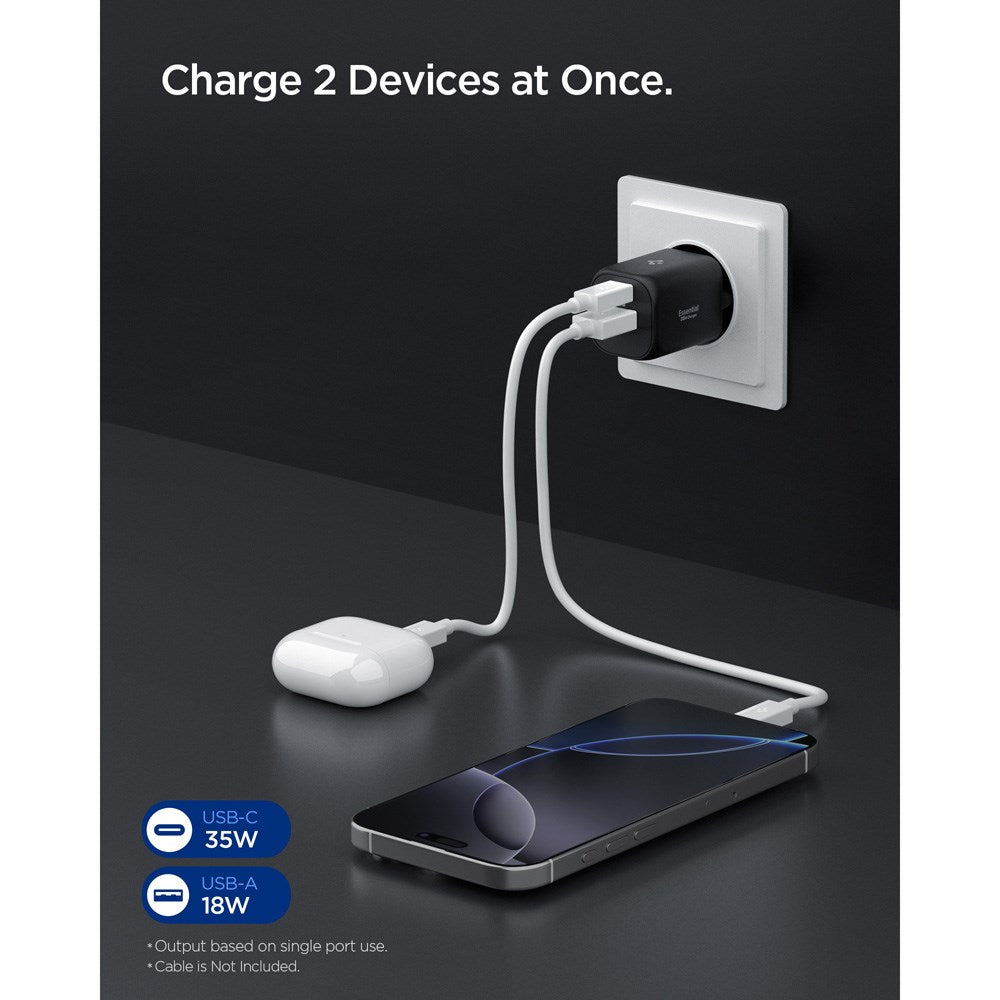 Spigen 35W Vægoplader - 1 x USB-C & 1 x USB-A - Sort