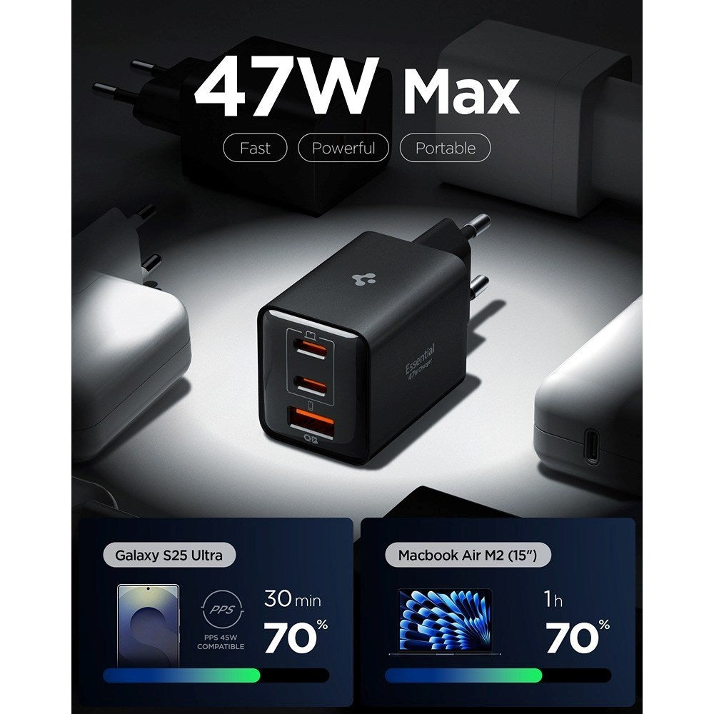 Spigen 47W Vægoplader - 2 x USB-C & 1 x USB-A - Sort