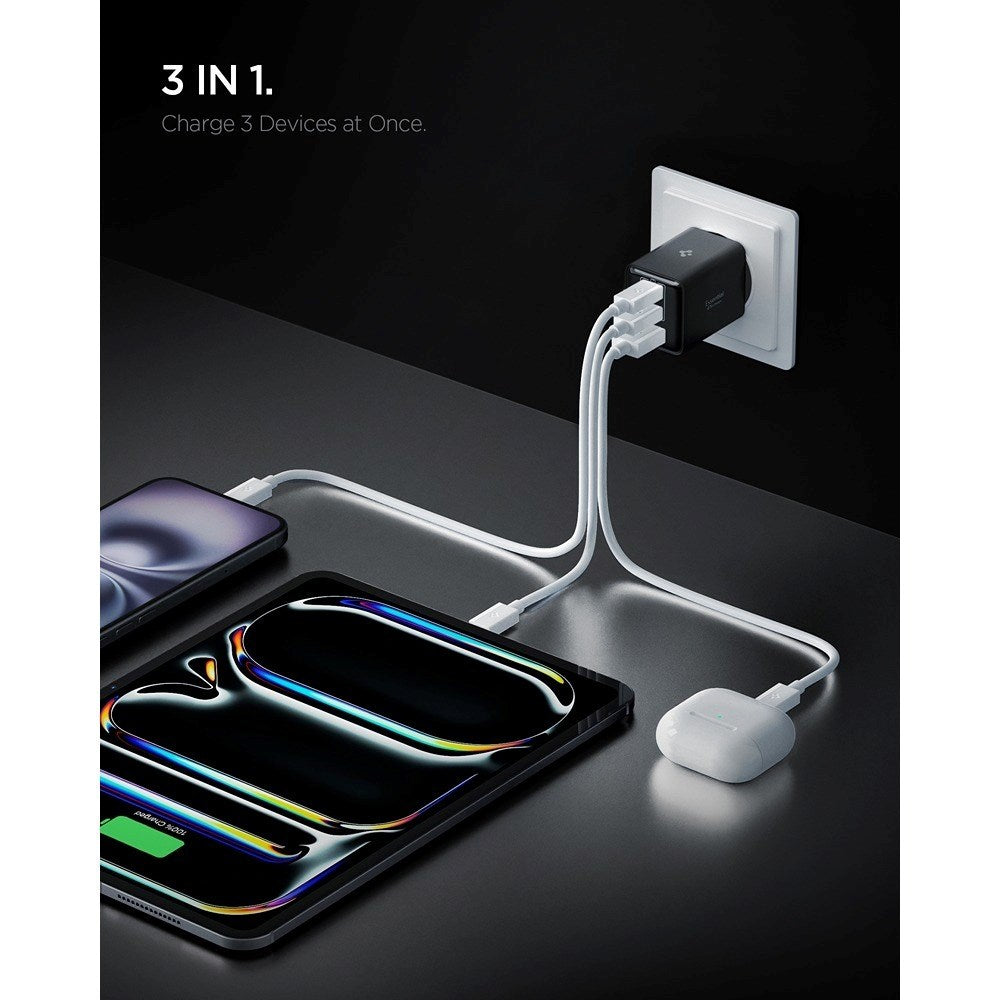 Spigen 47W Vægoplader - 2 x USB-C & 1 x USB-A - Sort
