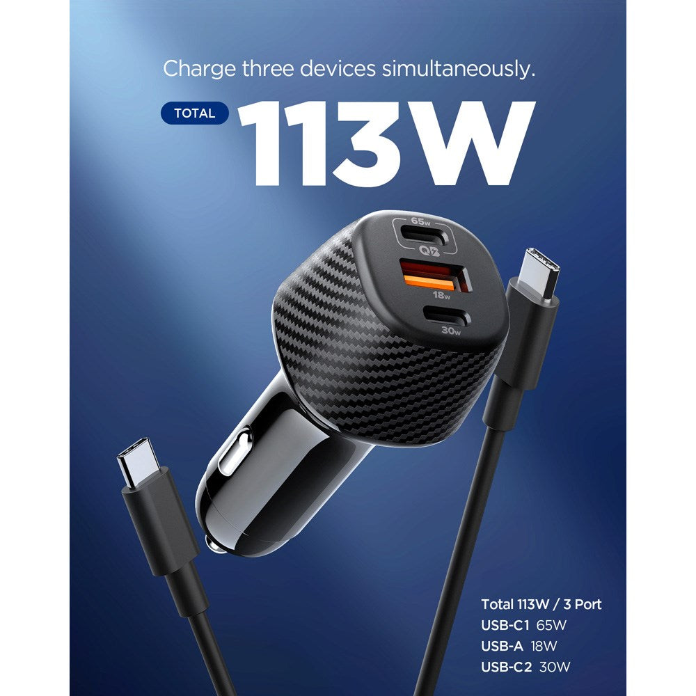 Spigen 113W Biloplader - 2 x USB-C & 1 x USB-A - Sort