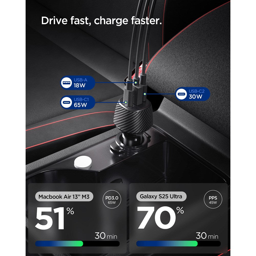Spigen 113W Biloplader - 2 x USB-C & 1 x USB-A - Sort