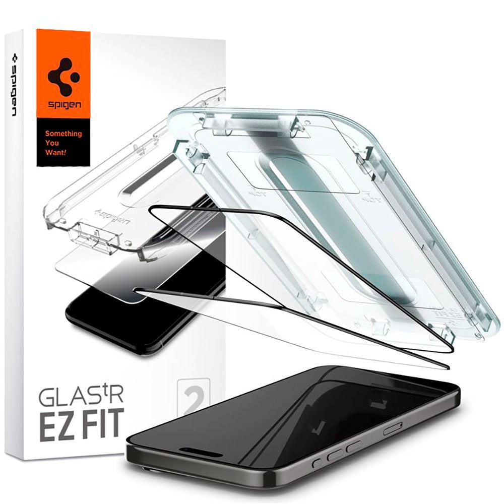 iPhone 15 Pro Spigen EZ Fit Glas.tR Skærmbeskyttelse 2. Stk - Case Friendly - Sort Kant