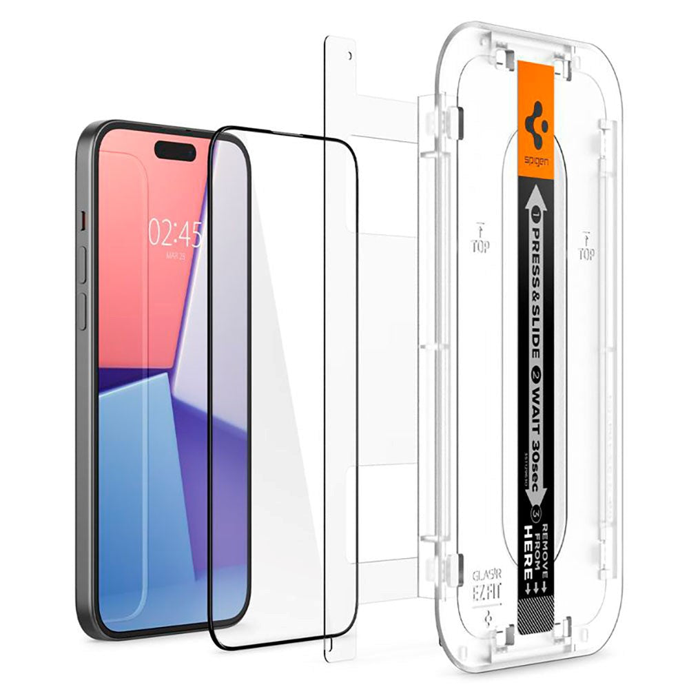 iPhone 15 Spigen EZ Fit Glas.tR Skærmbeskyttelse 2. Stk - Case Friendly - Sort Kant